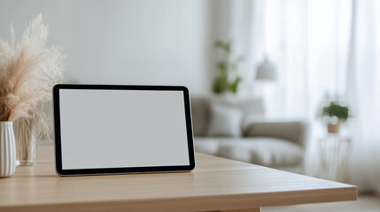 Fototapeta premium Digital Tablet in Home: A sleek digital tablet with a blank screen sits on a wooden table in a bright, modern living space. It presents a clean canvas for showcasing applications or content.
