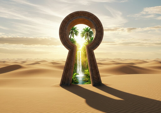 A desert keyhole reveals a hidden tropical waterfall oasis, inviting exploration.
