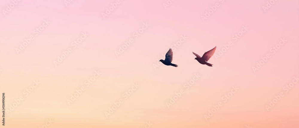 Poster two birds flying in the sky at sunset. the sky is a soft pink color with a gradient effect, creating