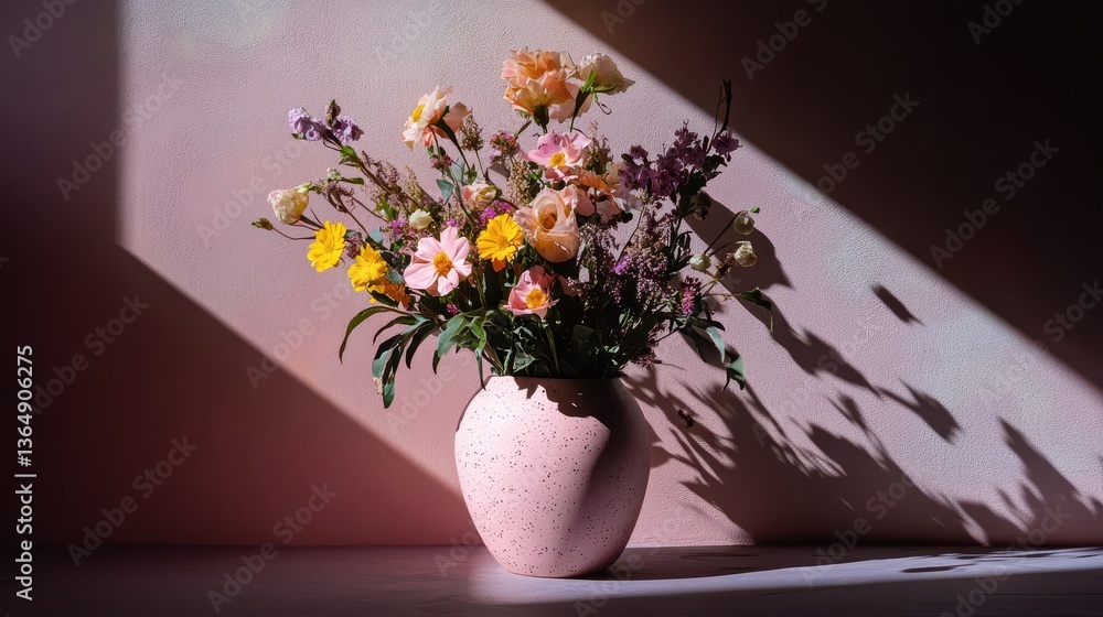 Poster a stunning display of colorful flowers in a speckled pink vase is positioned against a wall, creatin