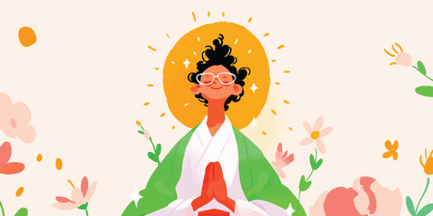 Obraz premium Serene Portrait of a Woman in Meditation: Discover inner peace through a serene illustration depicting a woman in a moment of tranquil meditation, radiating an aura of calm.