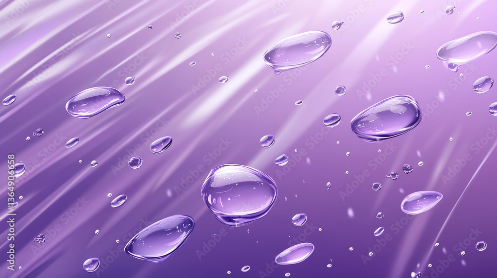 Poster bright horizontal banner with clear water droplets and puddles pattern on violet background. realist