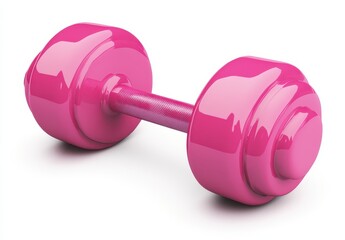 Obraz premium A bright pink dumbbell is positioned on a plain white background, showcasing its glossy surface. This vibrant piece of equipment is perfect for home workouts and fitness routines