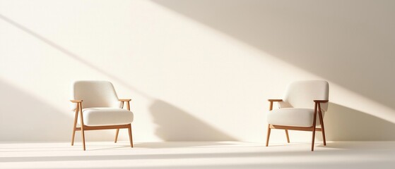 Two white armchairs with wooden legs and arms. the chairs are placed side by side on a plain white floor. the background is also white, creating a clean and minimalistic look.