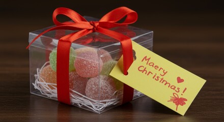 Festive Christmas Gift Box of Assorted Colorful Gummy Candies with Red Ribbon and Merry Christmas