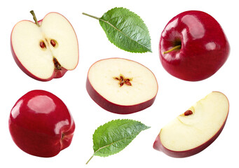 red apples with green leaves isolated on white background. clipping path