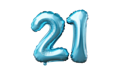 A 3D number balloon shaped as '21' for a birthday celebration on a transparent background