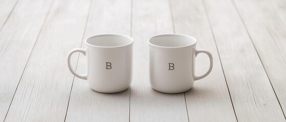 Two white ceramic mugs with the letters "b" embossed on them. the mugs are placed side by side on a wooden surface. the background is blurred, but it appears to be a light-colored wood floor.