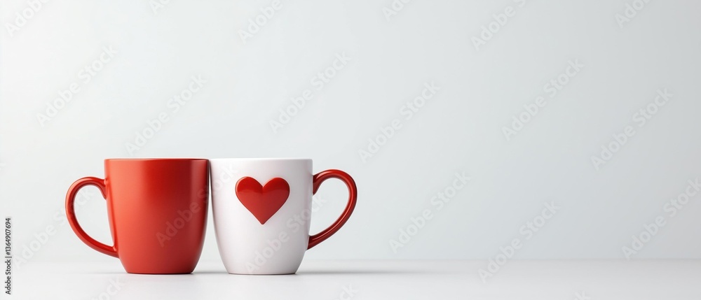 Poster two red and white mugs with a red heart symbol on them. the mugs are placed side by side on a plain 