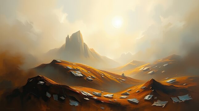 Golden hued mountain range under a hazy sky is pictured