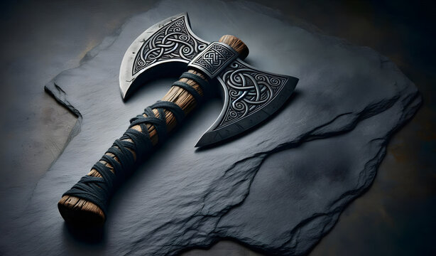 Wikinger Axt Mittelalter, schwarzer Stein, isoliert, Hintergrund copy space