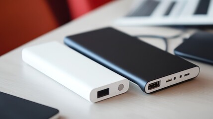 Two portable power banks, one white and one black, are placed on a desk alongside various tech gadgets, showcasing their functionality during work hours