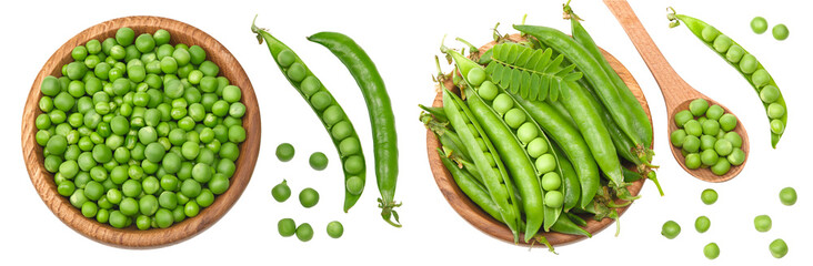 Fresh green pea pods with green peas in wooden bowl isolated on white background. clipping path