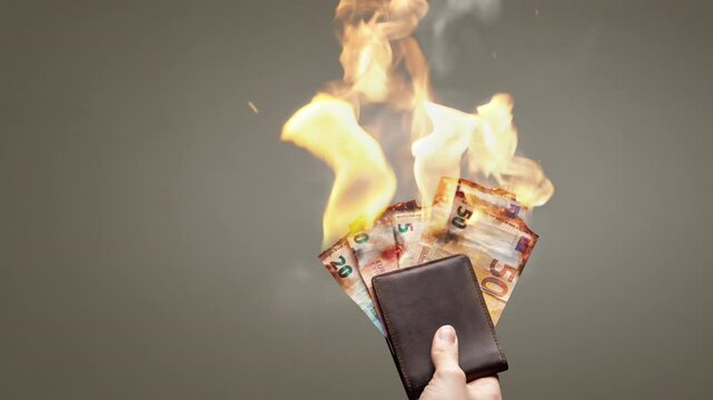 Burning Euro banknotes held in a wallet
