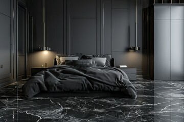 Clear Pixel Picture of Black and Grey Bedroom with Bed and Linens, Wardrobe on Marble Floor