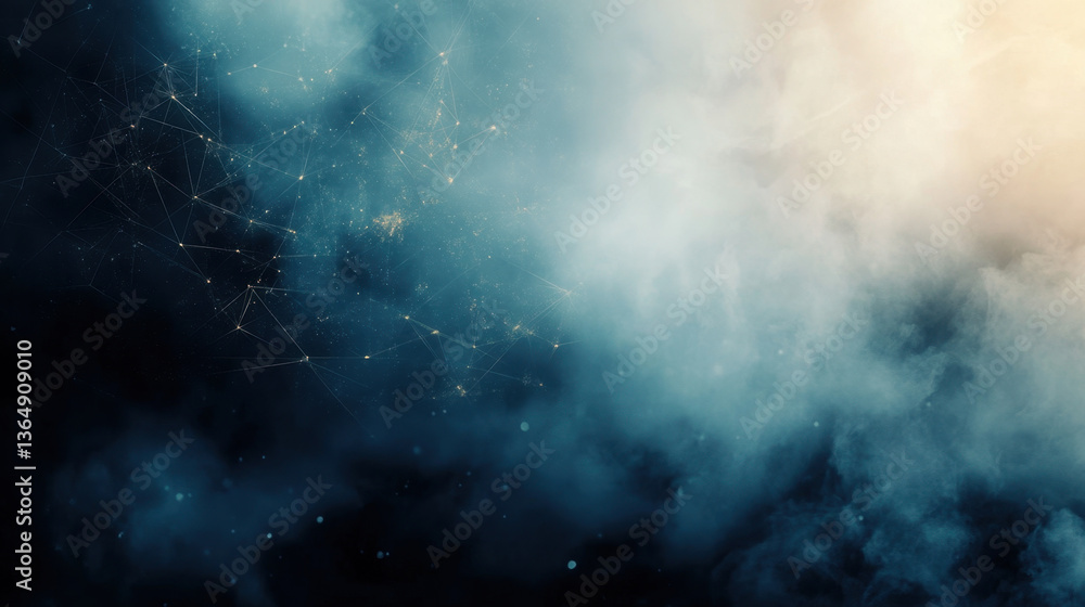 Poster mysterious, ethereal scene with cloudy atmosphere and abstract network of glowing lines and dots, ev