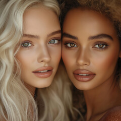 Fototapeta premium Kunstvolles Porträt zweier Frauen - eine mit blonden Locken und heller Haut, die andere mit dunkler Haut - die in warmer Beleuchtung nebeneinander posieren