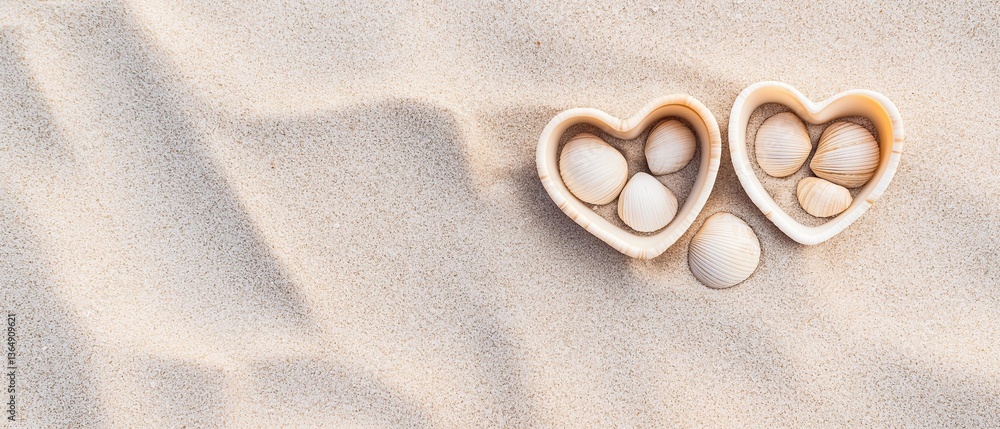 Poster two heart-shaped seashells on a sandy beach. the shells are light brown in color and have a smooth t