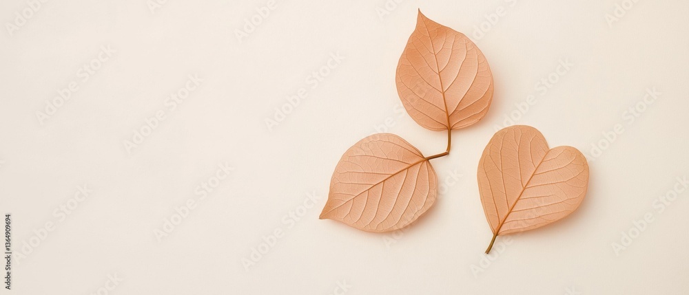 Poster three leaves of different sizes and shapes arranged in a triangular formation on a plain white backg