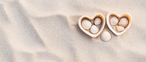 Two heart-shaped seashells on a sandy beach. the shells are light brown in color and have a smooth texture.