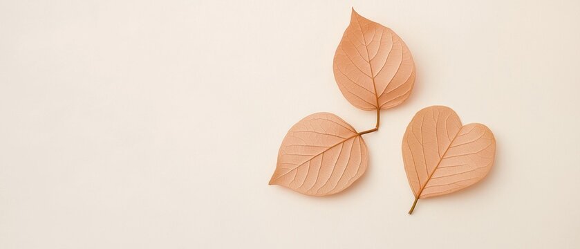 Three leaves of different sizes and shapes arranged in a triangular formation on a plain white background. the leaves are light brown in color and appear to be made of paper or cardboard.