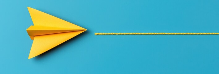 Obraz premium Vibrant Yellow Paper Airplane Soaring with Line on a Clean Turquoise Background Suggesting Flight and Simple Minimalist Design