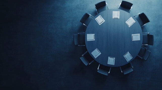 birds eye view of modern roundtable setup with chairs and documents creates professional atmosphere. dark, minimalist design emphasizes focus and collaboration
