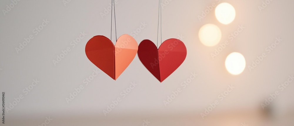 Poster two red paper hearts hanging from strings. the hearts are identical in size and shape, with a pointe