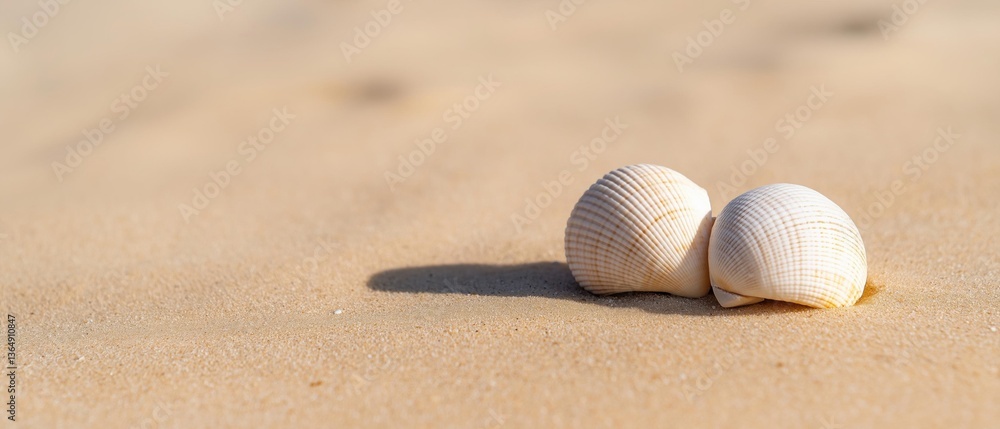 Poster two seashells lying on a sandy beach. the shells are white with a striped pattern and have a smooth 