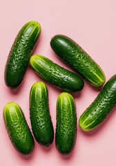 Vibrant green cucumbers arranged artfully against a soft pink backdrop. AI Generated