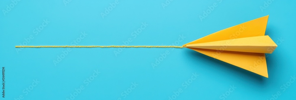 Poster studio shot of yellow paper airplane with paper tail on cyan background showing minimalist geometric