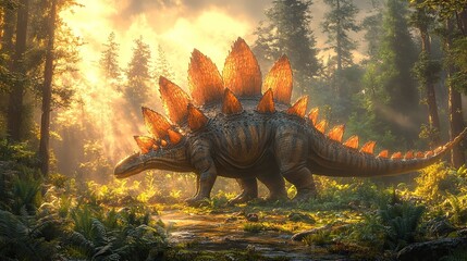 A diverse and thriving prehistoric ecosystem is highlighted by a Stegosaurus herd in a lush forest.