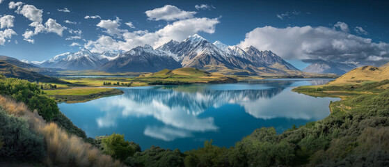 Fototapeta premium A beautiful mountain lake with a blue sky in the background