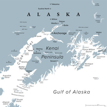 Anchorage and Kenai Peninsula, gray political map. Anchorage, most populous city of Alaska, and the Kenai Peninsula in the south, separated from mainland between Cook Inlet and Prince William Sound.