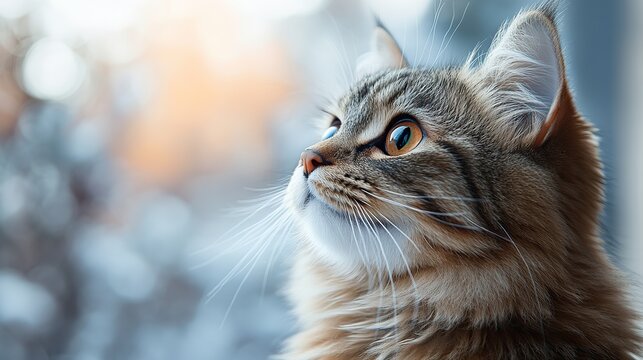 A fluffy cat with perked whiskers and wide eyes looks up curiously at something intriguing in the bright background.
