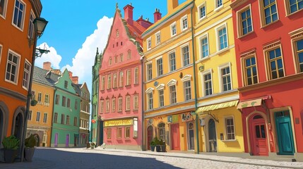 Fototapeta premium Colorful European City Street Scene