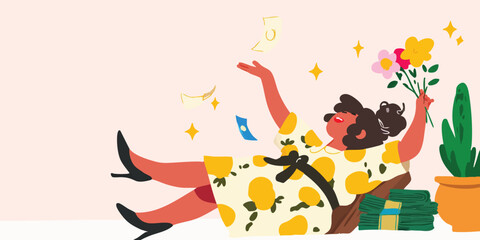 A contented individual relaxes, surrounded by flourishing wealth, savoring the rewards of hard work, celebrating financial success, against a soft backdrop, highlighting life's simple joys.