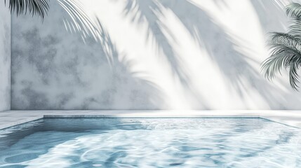 Luxury tropical resort with poolside, palm tree shadows on white plaster wall, and clear water reflecting sunlight. Minimalist neutral architecture for a serene vacation.
