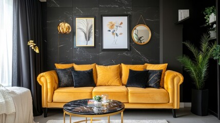 Modern Mustard Sofa in Dark Living Room