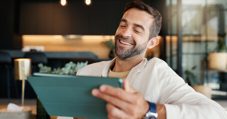 Laughing, remote work and tablet with man in home for research or small business development....