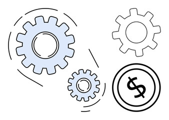 Rotating gears and a dollar sign symbolizing collaboration, optimization, financial success, growth. Ideal for business, efficiency, teamwork, innovation, planning technology flat simple metaphor
