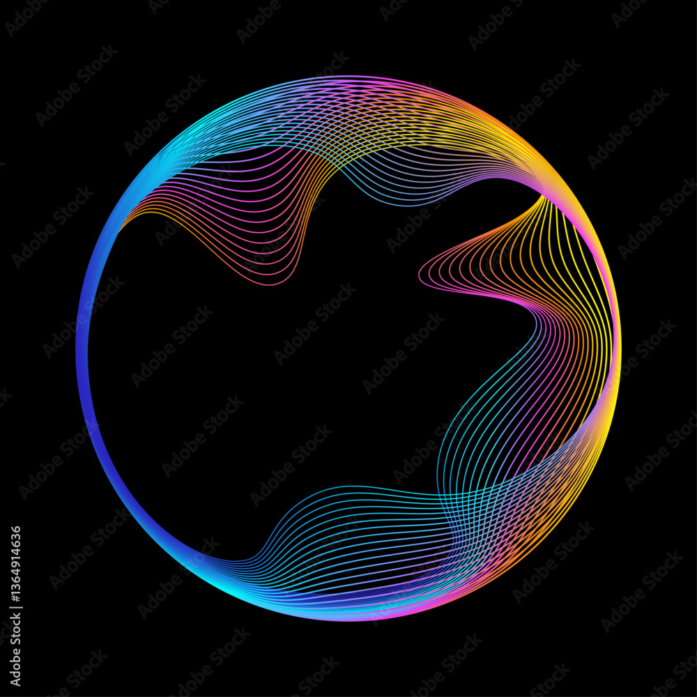 Poster Neon iridescent blend line circle frame. Bright spinning circular border. Abstract rainbow color circle with colorful waves isolated on black background with copy space.