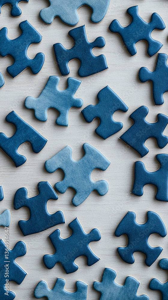 Poster blue puzzle pieces scattered on a light surface, showcasing a concept of teamwork, problem-solving, 