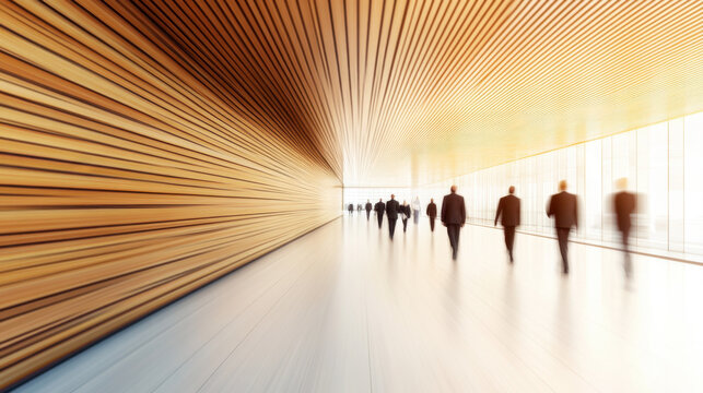 Motion blur of people walking through modern corridor with wooden walls and bright atmosphere, conveying sense of speed and movement
