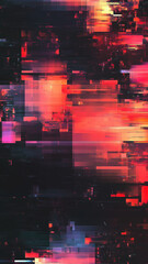 Fototapeta premium Dark glitch texture with red pixel blocks and black background, mimicking screen errors and compression faults.