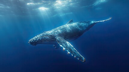 Fototapeta premium A humpback whale swims gracefully in the vast depths of a serene blue ocean, illuminated by sunbeams, creating a tranquil and captivating underwater scene.