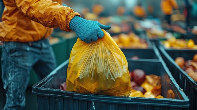 A man throws a garbage bag into a container, promoting responsible waste disposal.