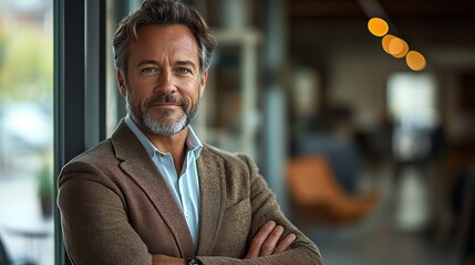 Naklejka premium A mature businessman stands with crossed arms by a modern office window, exuding confidence.