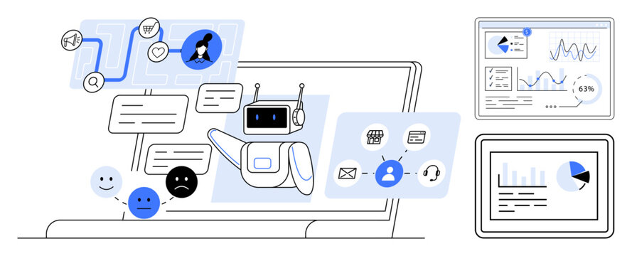 Robot answering messages, happy and sad emotions, icons showing email and settings. Two screens display analytics and flowcharts. Ideal for automation, customer support, business, AI, communication