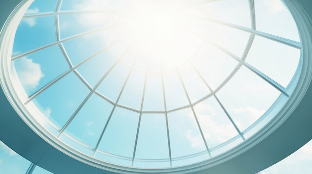 wide angle view of futuristic glass dome ceiling reveals bright, sunlit sky with scattered clouds, creating open and airy atmosphere. architectural design emphasizes modernity and elegance